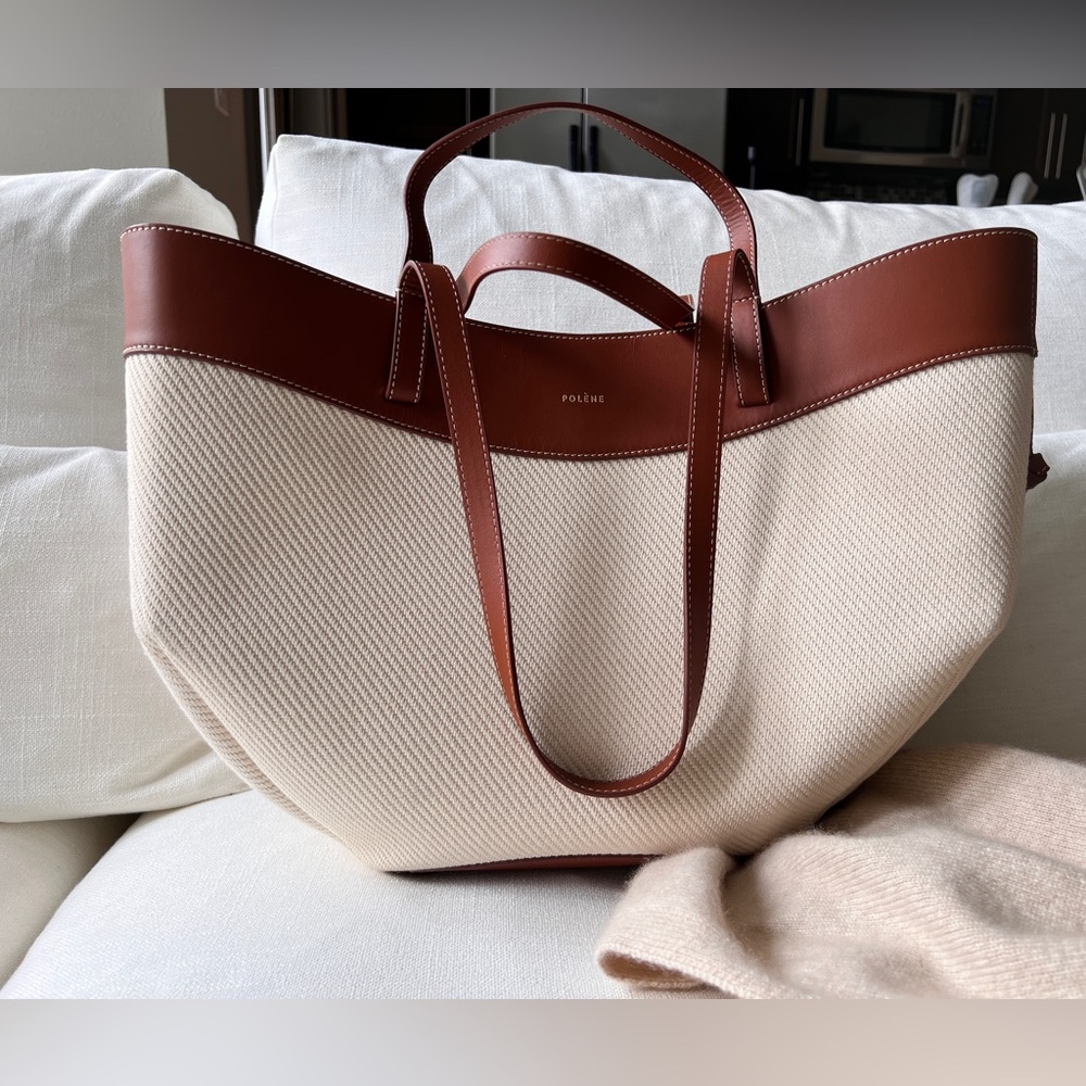 Polène Two-Tone Canvas and Leather Tote in Cream and Brown